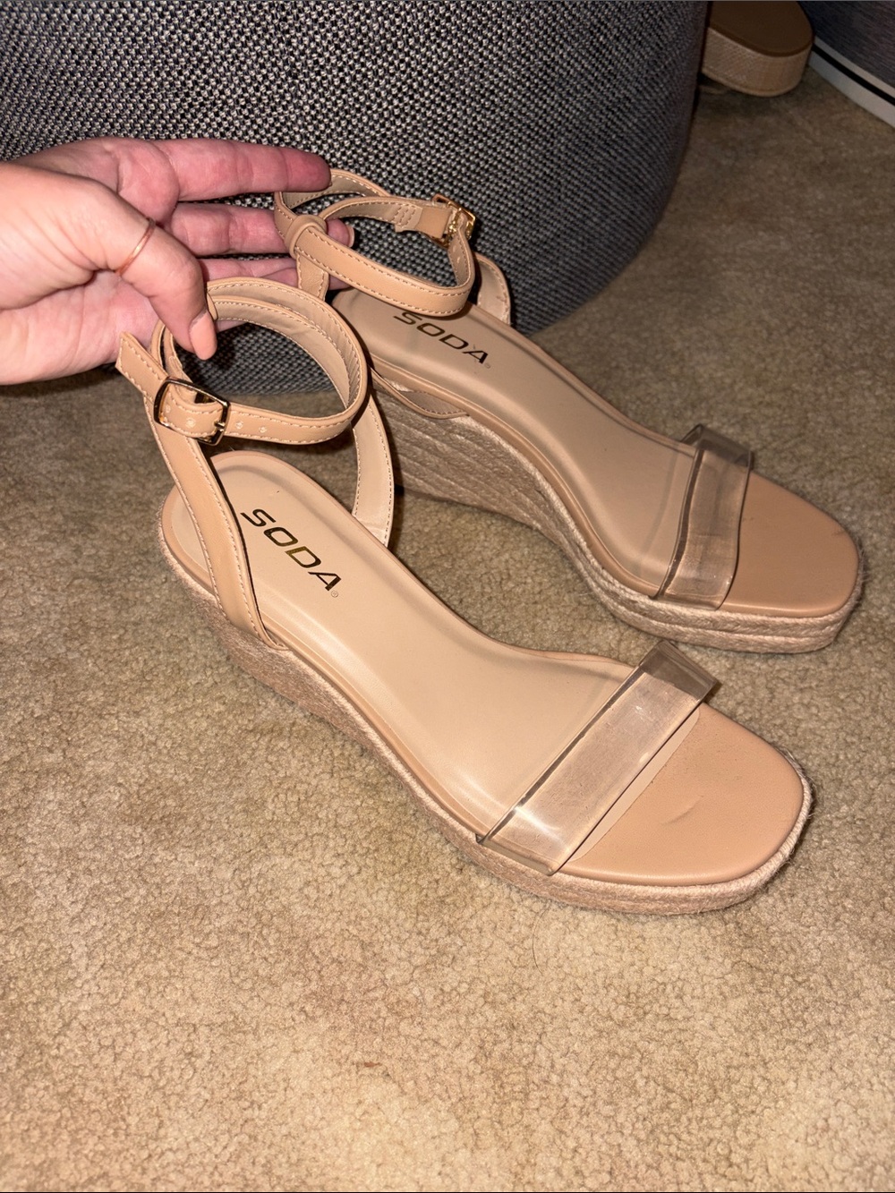 SODA Women's Nude Espadrille Wedge Sandals with Clear Strap